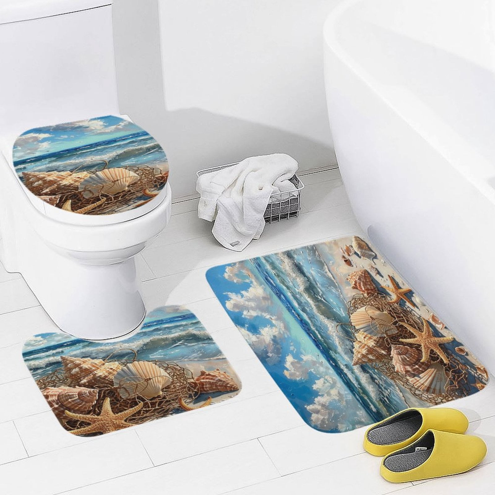 Beach Seashell Starfish Bathroom Rug Set of 3, No Silp Washable Cover Floor Rug Decorations for Kitchen Bathroom Bedroom