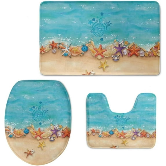 Beach Seashell Starfish Bathroom Rugs Set 3 Pieces, Toilet Lid Cover, Contour Mat, Bath Mat, Non Slip, Absorbent