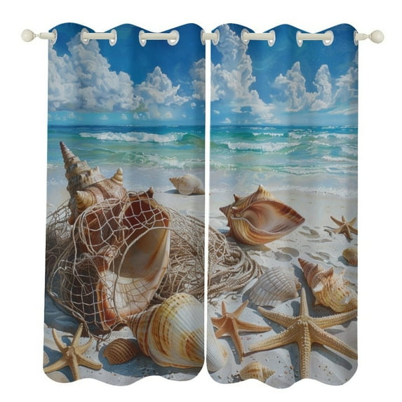 Beach Seashell Starfish Blackout Curtains, Watercolor Pattern Window Treatment Grommet Curtains for Bedroom Thermal Insulated Window Curtains for Living Room 2 Panel Set
