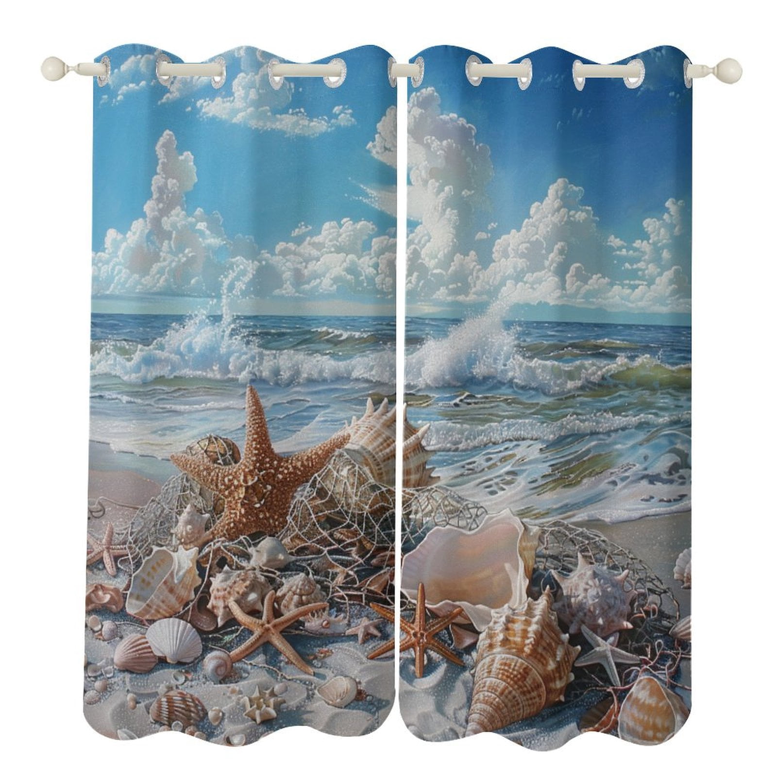 Beach Seashell Starfish Blackout Curtains, Watercolor Pattern Window ...