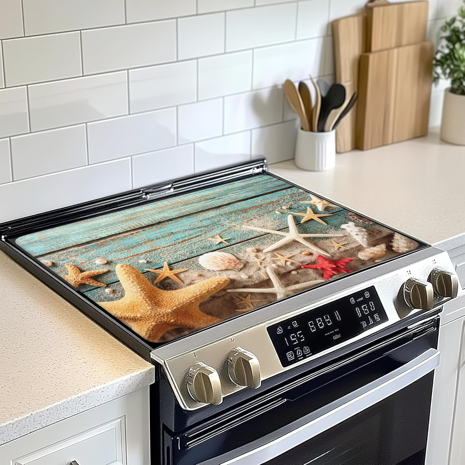 Beach Seashell Starfish Electric Stove Top Cover Protector,Blue Wooden Glass Flat Top Stove Mat,Heat-Resistant Oven Induction Cooktop Mat for Ceramic Countertop Mats Dish Drying Mat