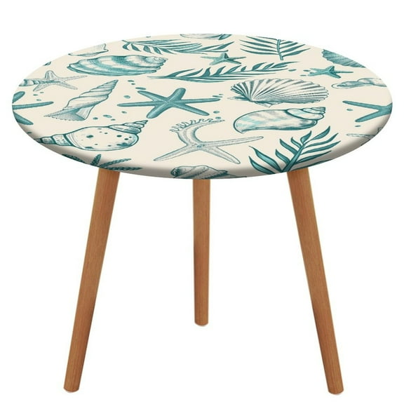 Beach Seashell Starfish Fitted Table Cover - Waterproof Elastic Edged Tablecloth Wipeable Table Cloth for Spring Party Dinner Table Decor (Fit for 45"-54" Round Tables)