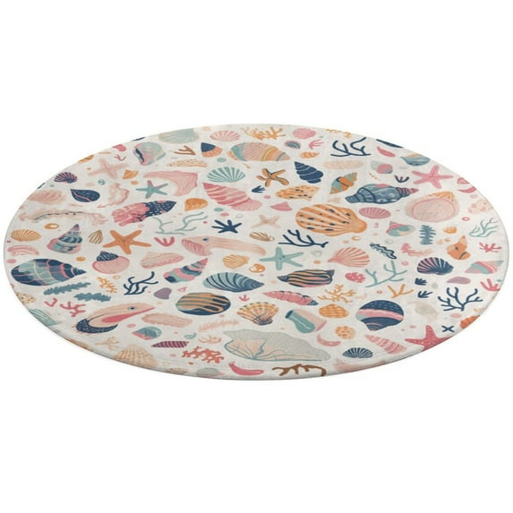 Beach Seashell Starfish Floral Medallion Round Rug - Small Round Area Rug, Soft Non-Slip Machine Washable Bedroom Mat Indoor Accent Entry Carpet for Office Desk Dorm Hallway