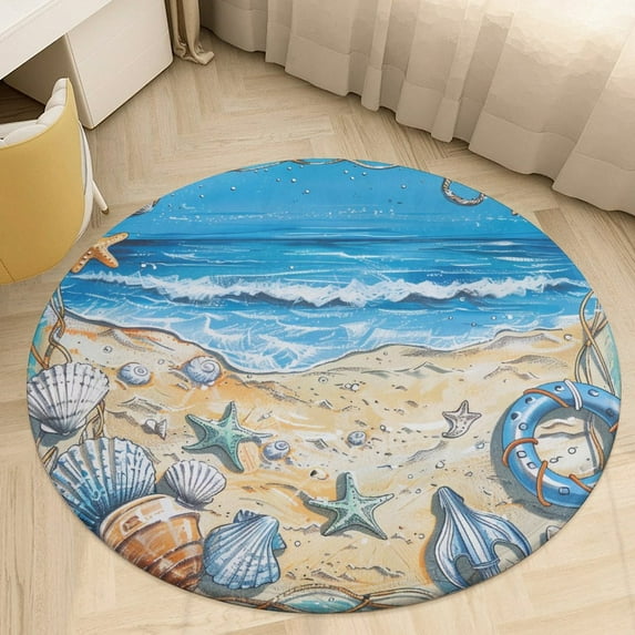 Beach Seashell Starfish Floral Medallion Round Rug - Small Round Area Rug, Soft Non-Slip Machine Washable Bedroom Mat Indoor Accent Entry Carpet for Office Desk Dorm Hallway