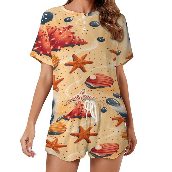 Beach Seashell Starfish Pajama Set for Women 2 Piece Sleepwear Loungewear Short Sleeve