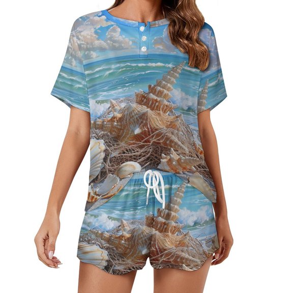 Beach Seashell Starfish Pajama Set for Women 2 Piece Sleepwear Loungewear Short Sleeve