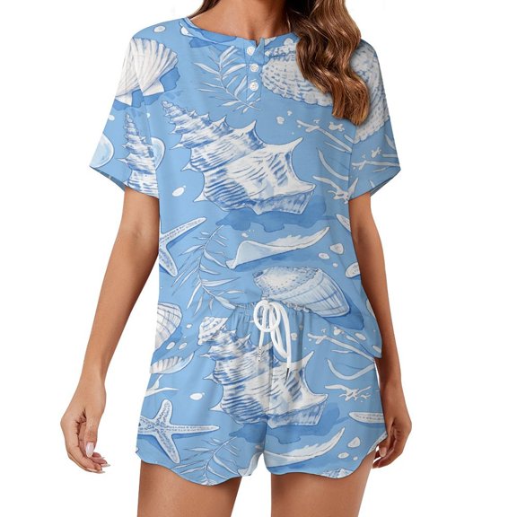 Beach Seashell Starfish Pajama Set for Women 2 Piece Sleepwear Loungewear Short Sleeve