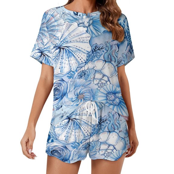Beach Seashell Starfish Pajama Set for Women 2 Piece Sleepwear Loungewear Short Sleeve