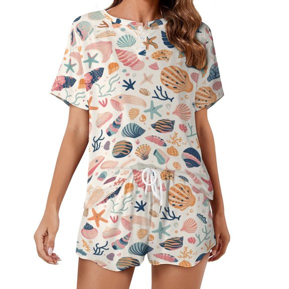 Beach Seashell Starfish Pajama Set for Women 2 Piece Sleepwear Loungewear Short Sleeve