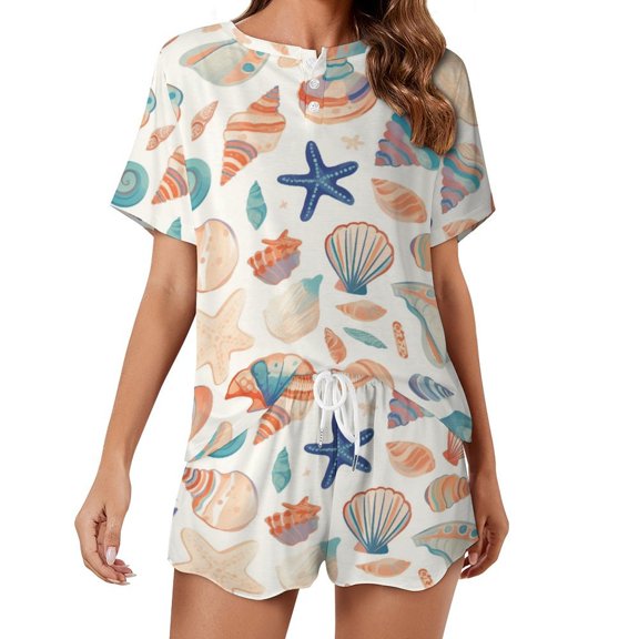 Beach Seashell Starfish Pajamas Set Womens Loungewear Sleepwear 2 Piece PJ Sets
