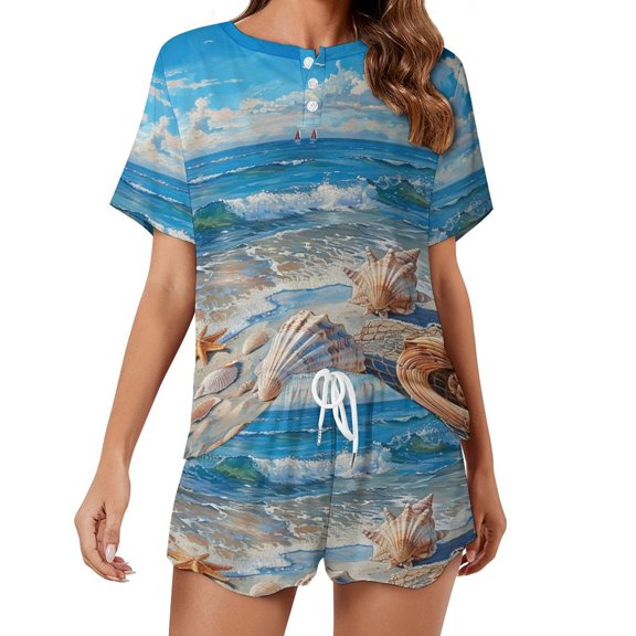 Beach Seashell Starfish Pajamas Set Womens Loungewear Sleepwear 2 Piece PJ Sets