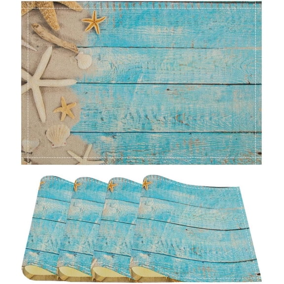 Beach Seashell Starfish Place Mat Blue Wooden Beach Theme Summer Nautical Coated Rectangle Placemat for Ocean Seaside Sand Wood Coastal Table Mat Dinner Party Set of 4 12x18 Inch
