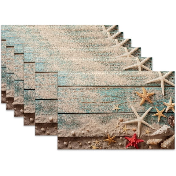 Beach Seashell Starfish Placemats Set of 6,Blue Wooden Heat Resistant Table Mats Washable Place Mats for Party Kitchen Farmhouse Home Dining Holiday Decor 12x18 Inch