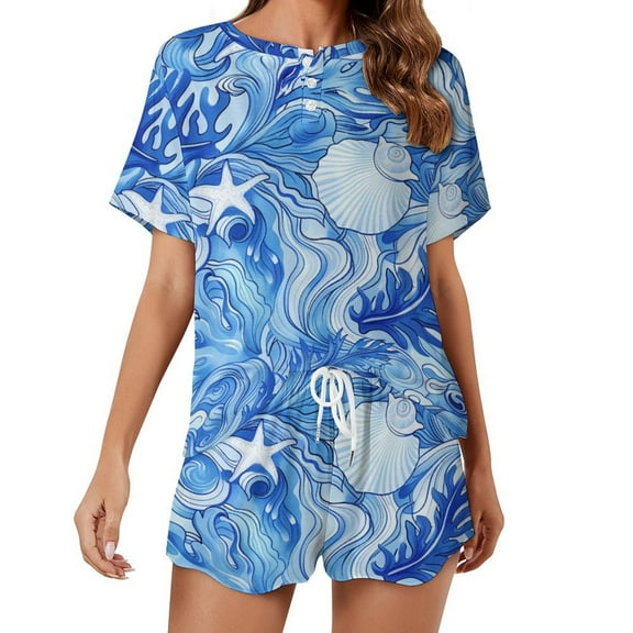 Beach Seashell Starfish Print Women'S Pajamas Set Summer Sleepwear Sets 2 Piece Lounge Set