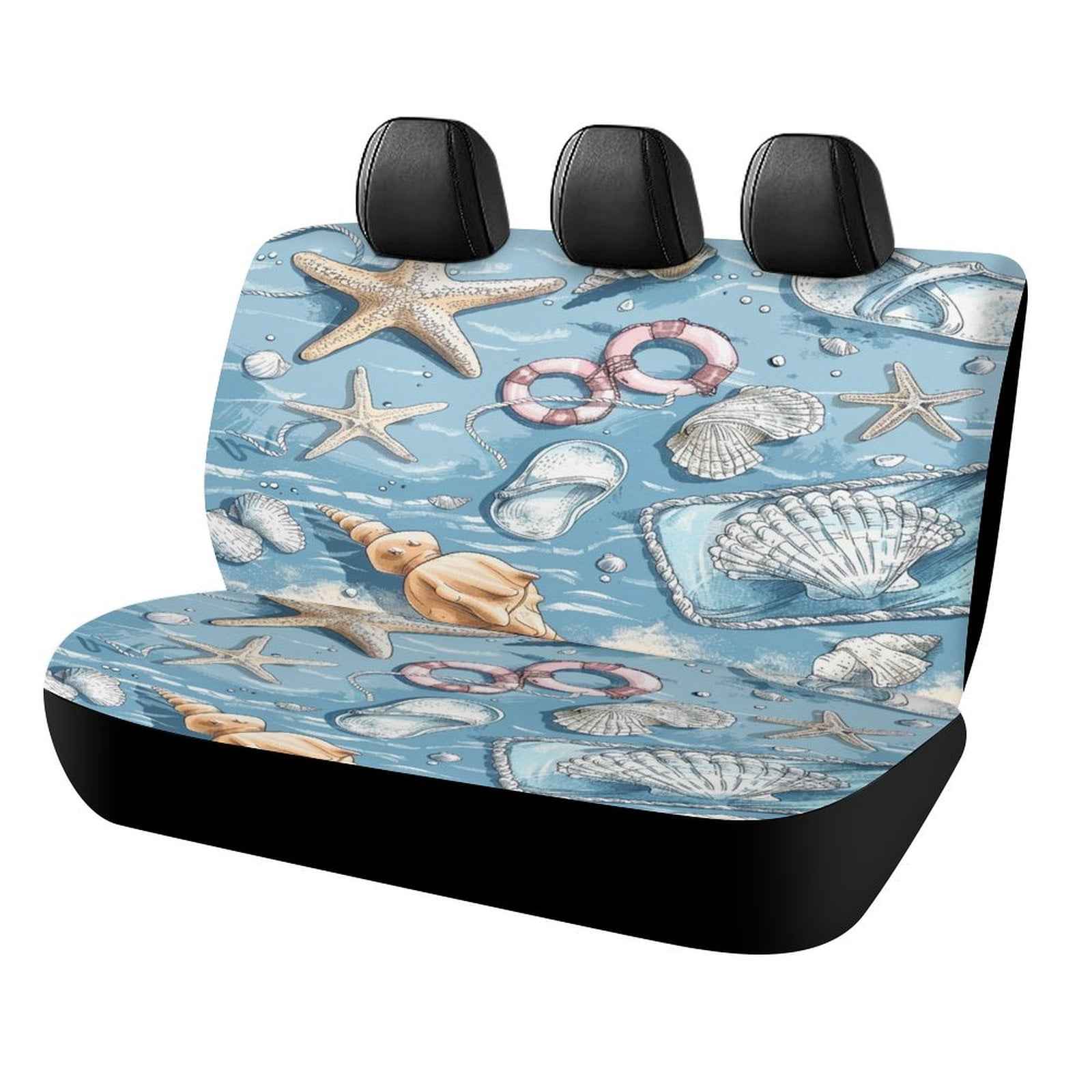 Beach Seashell Starfish Printed Universal Back Bench Car Seat Cover Pack of 2 Rear Seat Covers for for Most Cars,Trucks,SUVs Or Van