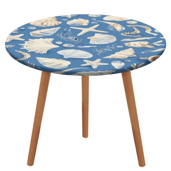 Beach Seashell Starfish Round Fitted Tablecloth with Flannel Backing Elastic Table Cloth Waterproof Oil-Proof Plastic Table Cover Table Up 40"-54" Diameter)