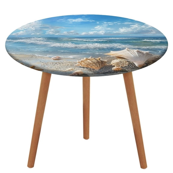 Beach Seashell Starfish Round Fitted Tablecloth with Flannel Backing Elastic Table Cloth Waterproof Oil-Proof Plastic Table Cover Table Up 40"-54" Diameter)