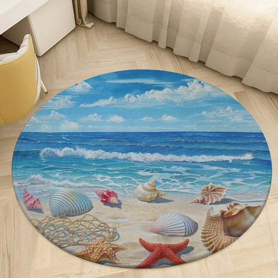 Beach Seashell Starfish Round Rugs -Washable Non-Slip Small Round Area Rug Throw Soft Circle Rugs for Bedroom, Modern Print Indoor Carpet for Entryway Sofa Living Room