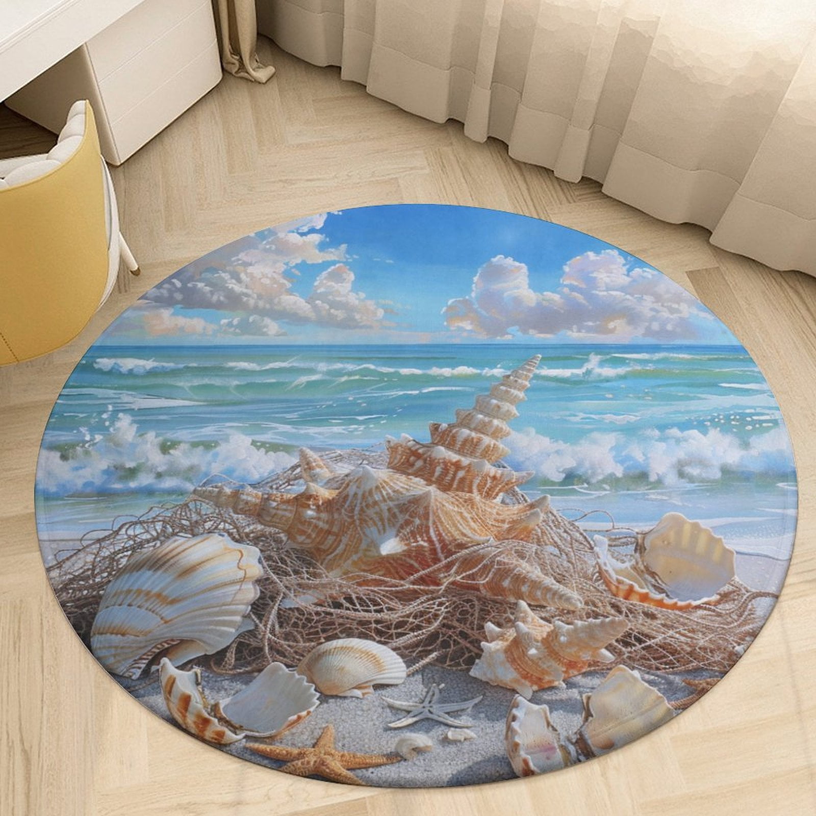 Beach Seashell Starfish Round Rugs -Washable Non-Slip Small Round Area ...