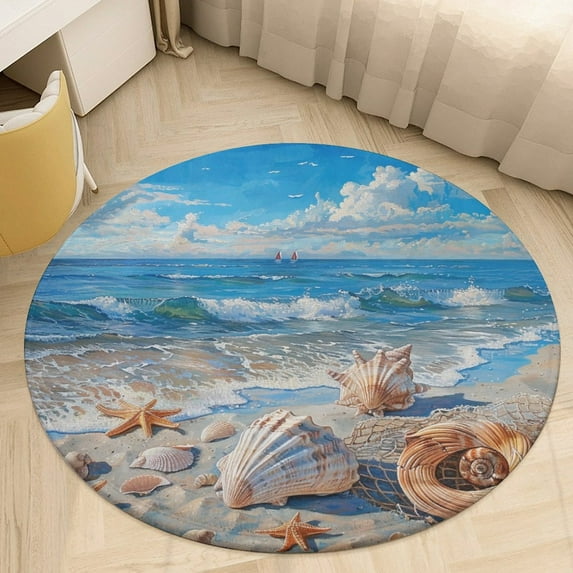 Beach Seashell Starfish Round Small Area Rug, Print Non Slip Washable Floor Mat, Soft Throw Rug for Living Room, Powder Room Entryway, Bathroom, Bedside