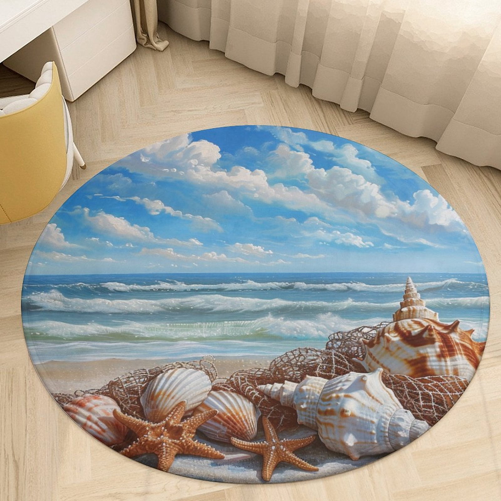 Seashell Area Rug Beach Seashell Starfish Round Small Area Rug, Print Non Slip Washable ...