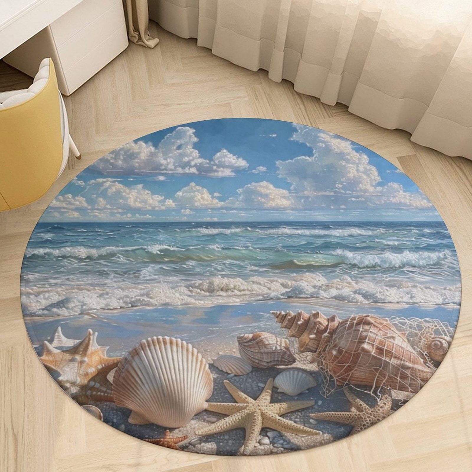 Beach Seashell Starfish Soft Bedroom Round Area Rug, Washable Cute ...