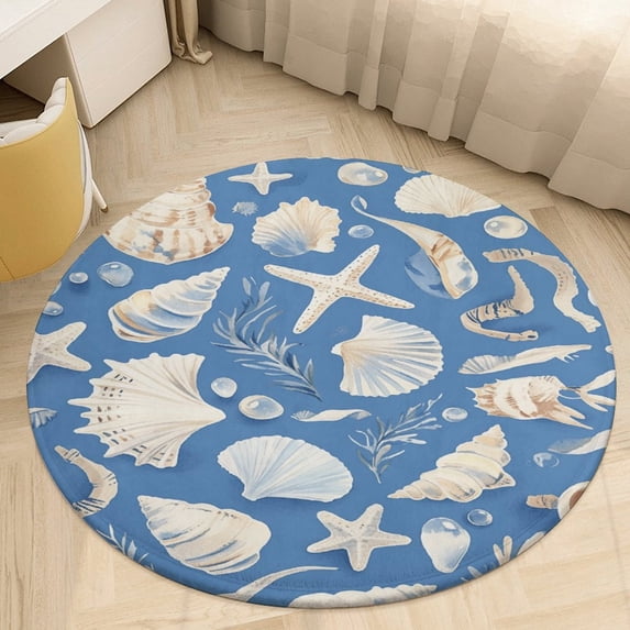 Beach Seashell Starfish Soft Bedroom Round Area Rug, Washable Cute Nursery Circle Throw Mat, Non-Slip Contemporary Small Low Pile Floor Carpet for Dorm Bedside