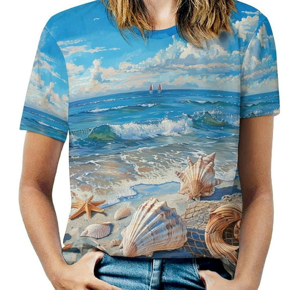 Beach Seashell Starfish T Shirts Basic T-Shirt Short Sleeve Ladies Tee Shirt Summer Graphic Clothing