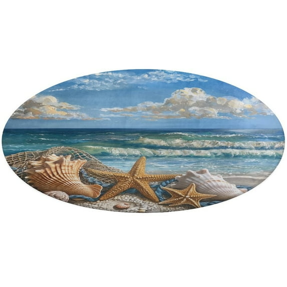 Beach Seashell Starfish Washable Round Rug -Circle Area Rugs for Nursery Bedroom, Vintage Non Slip Non Shedding Low Pile Carpet for Living Room Coffee Table Entryway