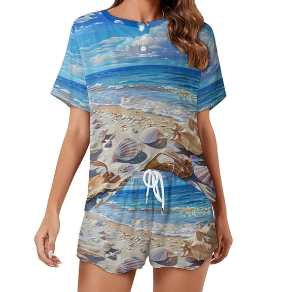 Beach Seashell Starfish Women's Ruffle Short Sleeve Tops And Shorts Cute Peeps Bunny Pajamas Sets