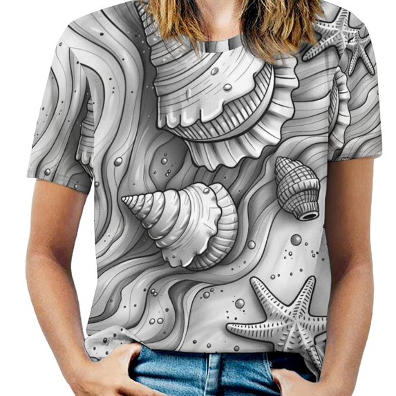 Beach Seashell Starfish Women's Short Sleeve T-Shirt Crew Neck Casual Summer Trendy Loose Fit Tops