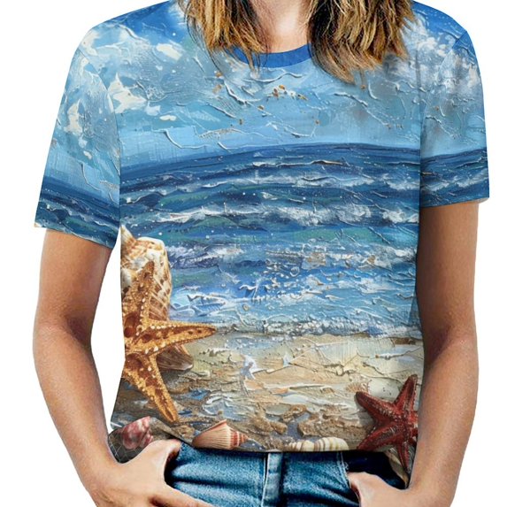 Beach Seashell Starfish Women's Short Sleeve T-Shirt Crew Neck Casual Summer Trendy Loose Fit Tops