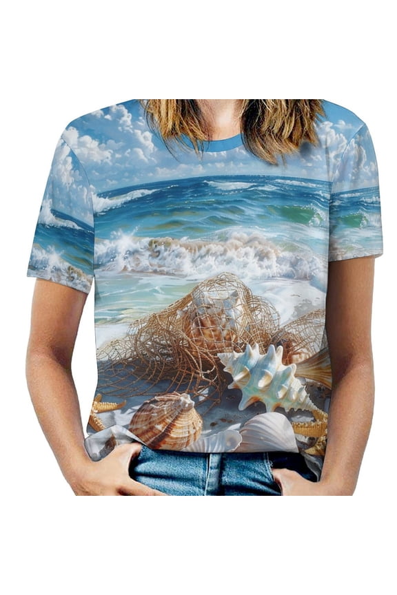 Beach Seashell Starfish Women's Short Sleeve T-Shirt Crew Neck Casual Summer Trendy Loose Fit Tops