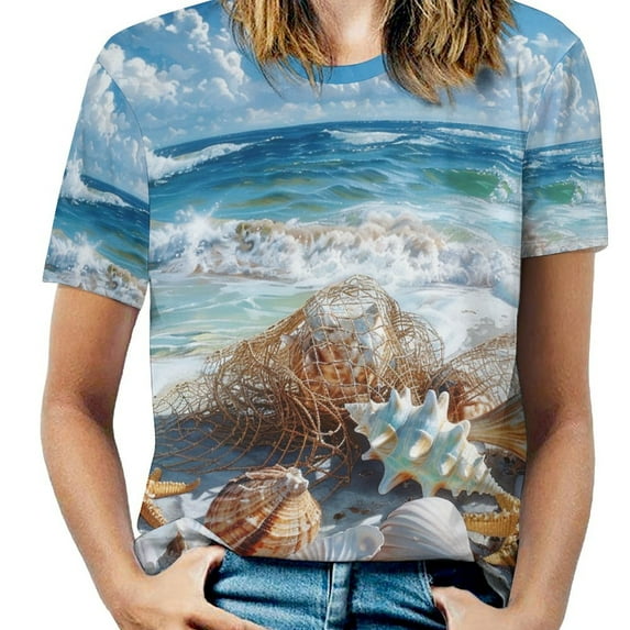 Beach Seashell Starfish Women's Short Sleeve T-Shirt Crew Neck Casual Summer Trendy Loose Fit Tops