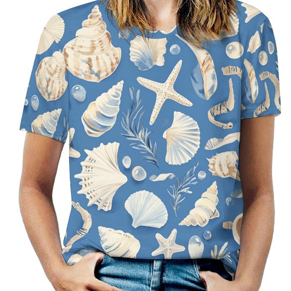 Beach Seashell Starfish Women's Short Sleeve T-Shirt Crew Neck Casual Summer Trendy Loose Fit Tops