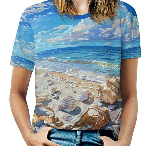 Beach Seashell Starfish Women's Short Sleeve T-Shirt Crew Neck Casual Summer Trendy Loose Fit Tops