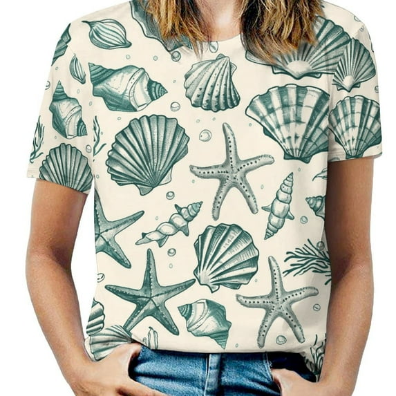 Beach Seashell Starfish Women's Short Sleeve T-Shirt Crew Neck Casual Summer Trendy Loose Fit Tops