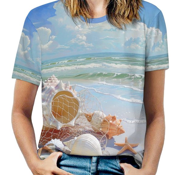 Beach Seashell Starfish Women's Short Sleeve Tops Casual Blouses T Shirt
