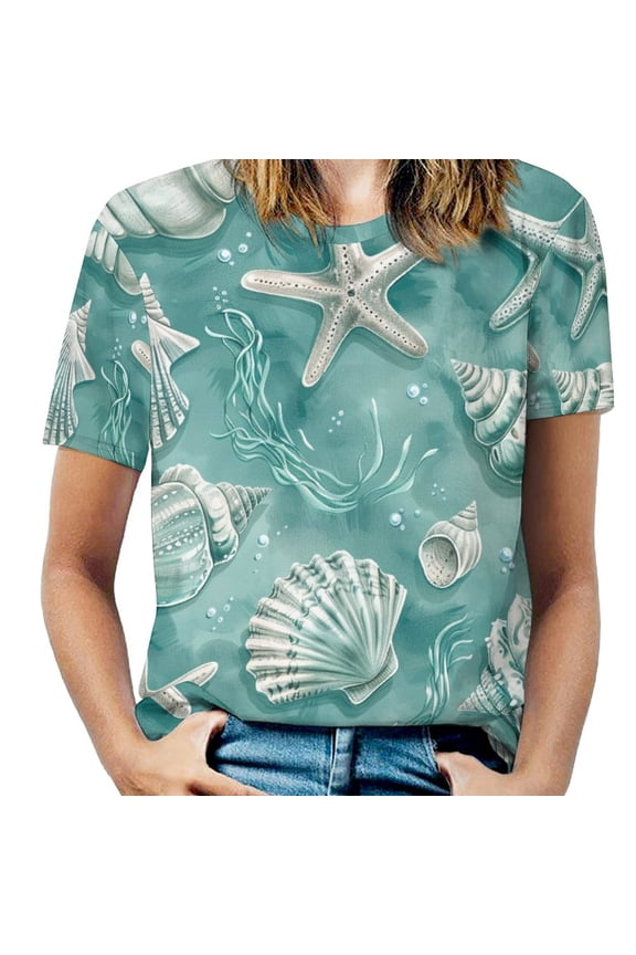 Beach Seashell Starfish Women's T-Shirt Short Sleeve T Shirts Tops Tee Ladies Loose T