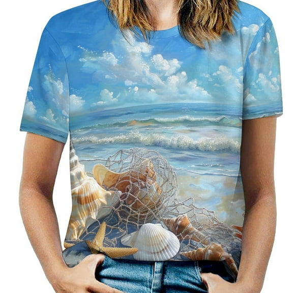 Beach Seashell Starfish Women's T-Shirt Short Sleeve T Shirts Tops Tee Ladies Loose T