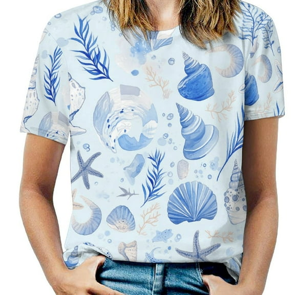 Beach Seashell Starfish Women's T-Shirt Short Sleeve T Shirts Tops Tee Ladies Loose T