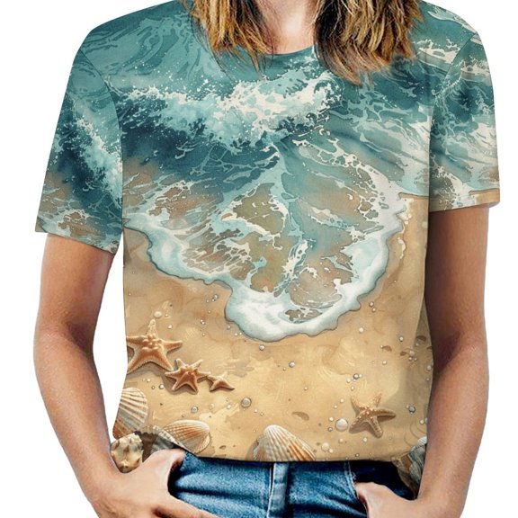 Beach Seashell Starfish Women's T-Shirt Short Sleeve T Shirts Tops Tee Ladies Loose T