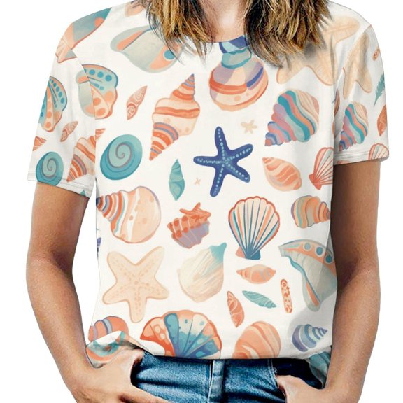 Beach Seashell Starfish Womens Tops Women's Fashion Casual Short Sleeve Flower Print Round Neck Pullover Top Blouse