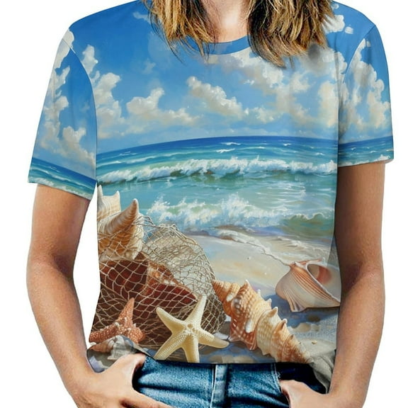 Beach Seashell Starfish Womens Tops Women's Fashion Casual Short Sleeve Flower Print Round Neck Pullover Top Blouse