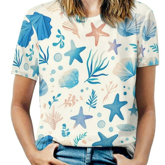Beach Seashell Starfish Womens Tops Women's Fashion Casual Short Sleeve Flower Print Round Neck Pullover Top Blouse