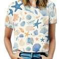 thumbnail image 1 of Beach Seashell Starfish Womens Tops Women's Fashion Casual Short Sleeve Flower Print Round Neck Pullover Top Blouse, 1 of 6