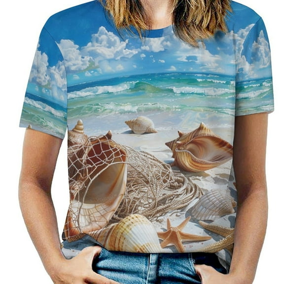 Beach Seashell Starfish Womens Tops Women's Fashion Casual Short Sleeve Flower Print Round Neck Pullover Top Blouse