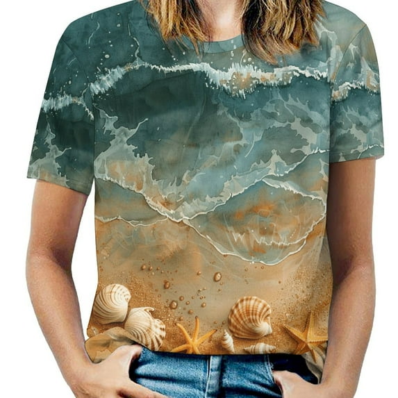 Beach Seashell Starfish Womens Tops Women's Fashion Casual Short Sleeve Flower Print Round Neck Pullover Top Blouse