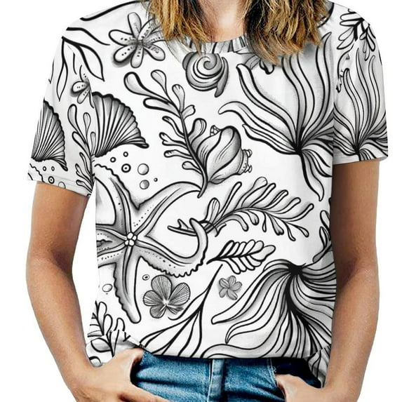 Beach Seashell Starfish Womens Tops Women's Fashion Casual Short Sleeve Flower Print Round Neck Pullover Top Blouse