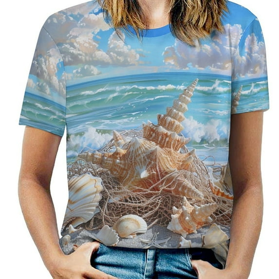 Beach Seashell Starfish Womens Tops Women's Fashion Casual Short Sleeve Flower Print Round Neck Pullover Top Blouse